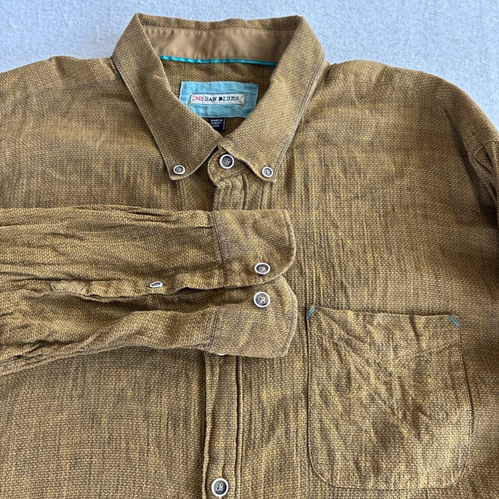 32 Bar Blues Mens 3XL Linen Cotton Long Sleeve Button Down Shirt Mustard Yellow